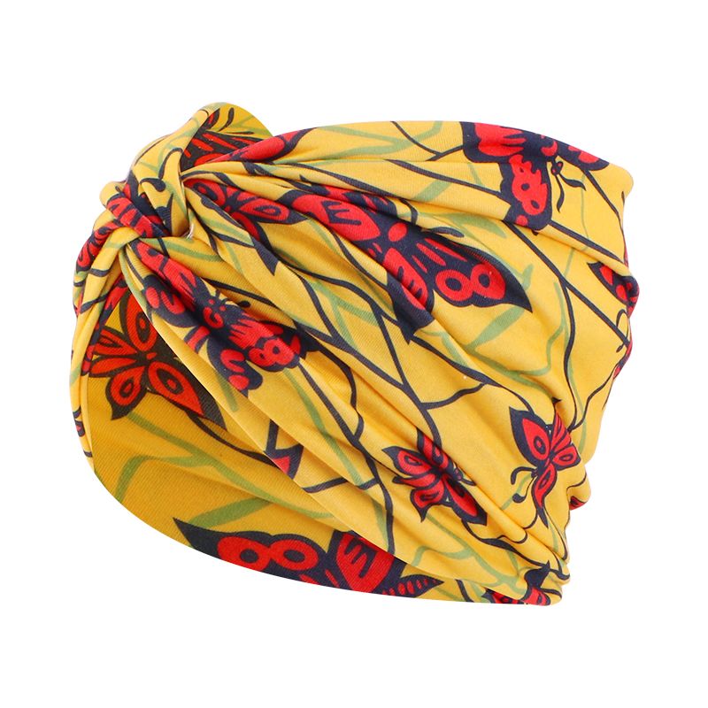 Designer Bloemenprint Brede Haarband – Vintage Knoop in Geel-Rood