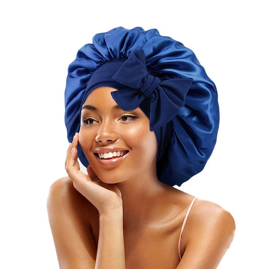 MHS Satin Bonnet – Jumbo Maat met Rekbare Tie in Navy Blauw 1 stuk