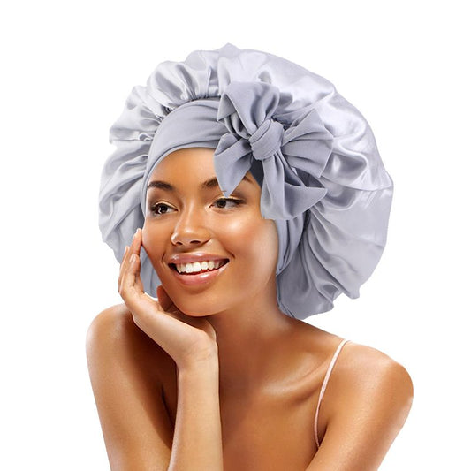 MHS Satin Bonnet – Jumbo Muts met Rekbare Strik in Zilver Jumbo