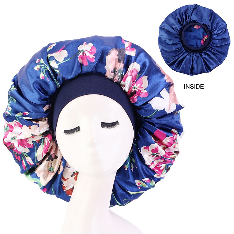 MHS Satin Silky Bonnet – Extra Grote Slaapcap met Bloemenpatroon Blauw