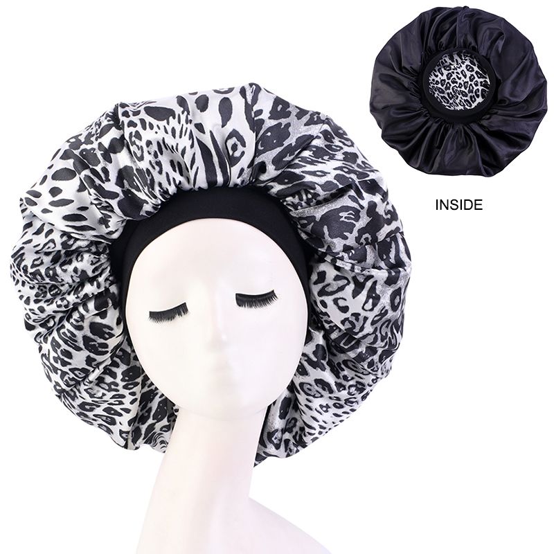 MHS Satin Silky Bonnet – Extra Grote Slaapmuts met Dubbele Laag Zwart Luipaard