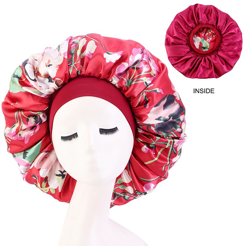 MHS Satin Silky Bonnet – Extra Grote Slapende Cap met Bloemenpatroon Rood