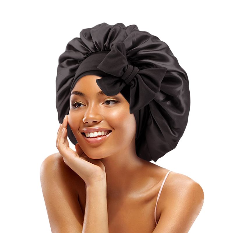 MHS Satin Bonnet – Jumbo Met Rekbare Tie voor Alle Haartypes Zwart