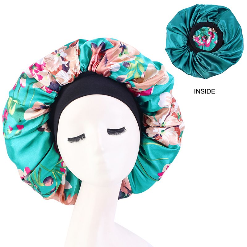 MHS Satin Silky Bonnet – Extra Grote Slaapmuts met Bloemenpatroon Groen