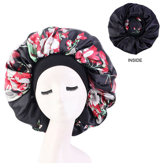MHS Satin Silky Bonnet – Extra Grote Slaapmuts met Bloemenpatroon Zwart