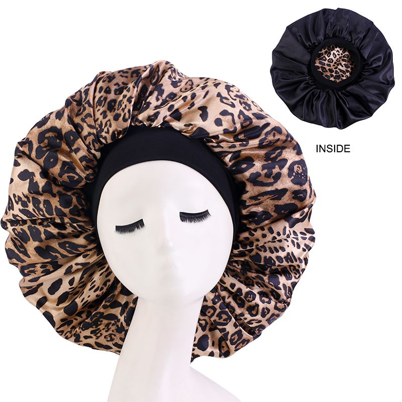 MHS Satin Silky Bonnet – Extra Grote Slaapmuts met Floral Patroon Goud Leopard