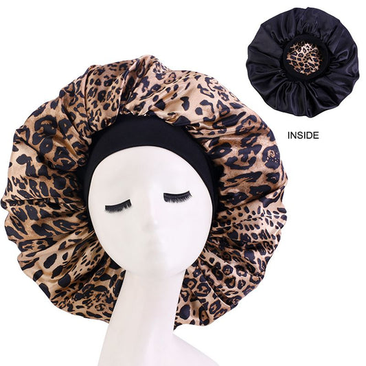 MHS Satin Silky Bonnet – Extra Grote Slaapmuts met Floral Patroon Goud Leopard